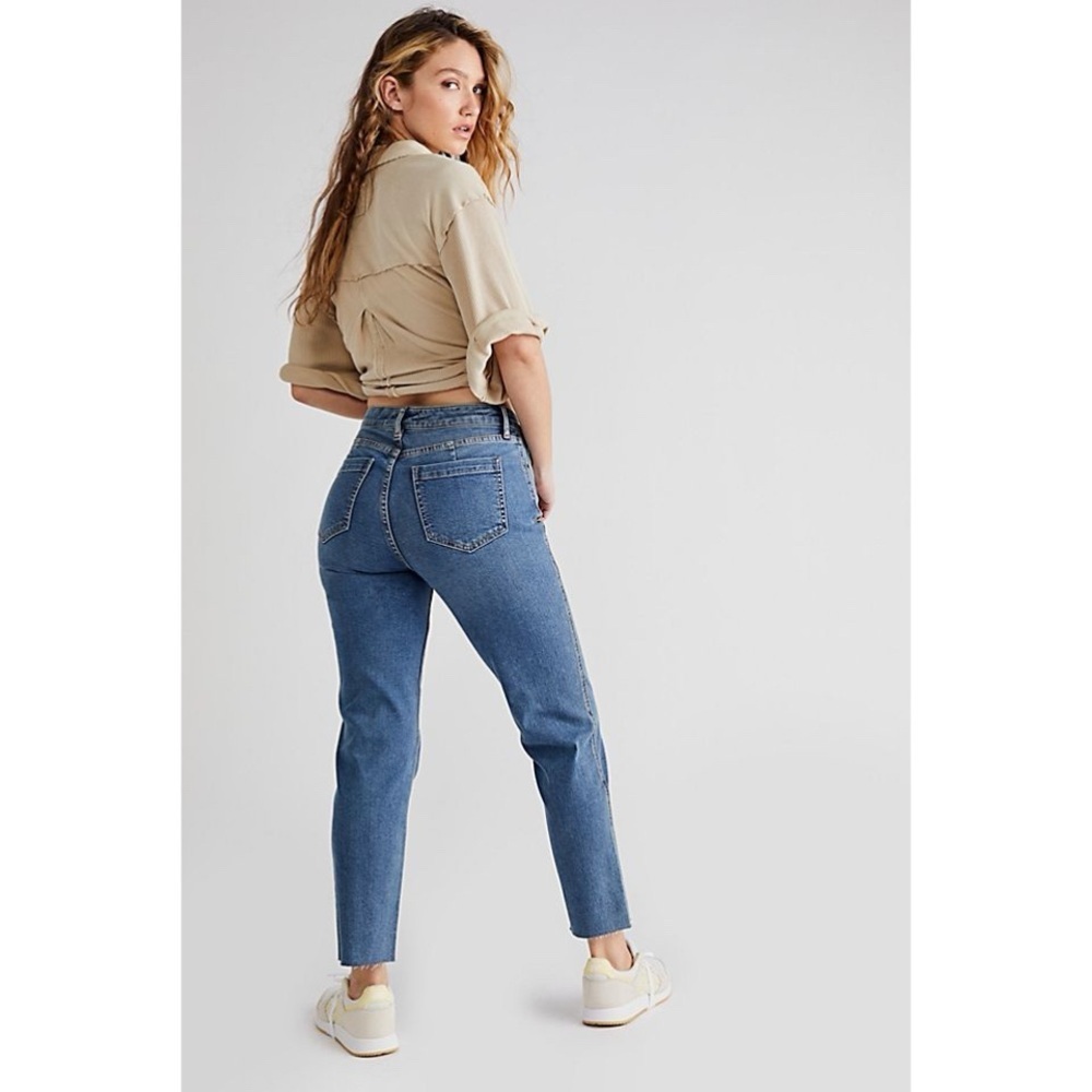 Free People High Rise Straight Leg Jeans in Medium Blue